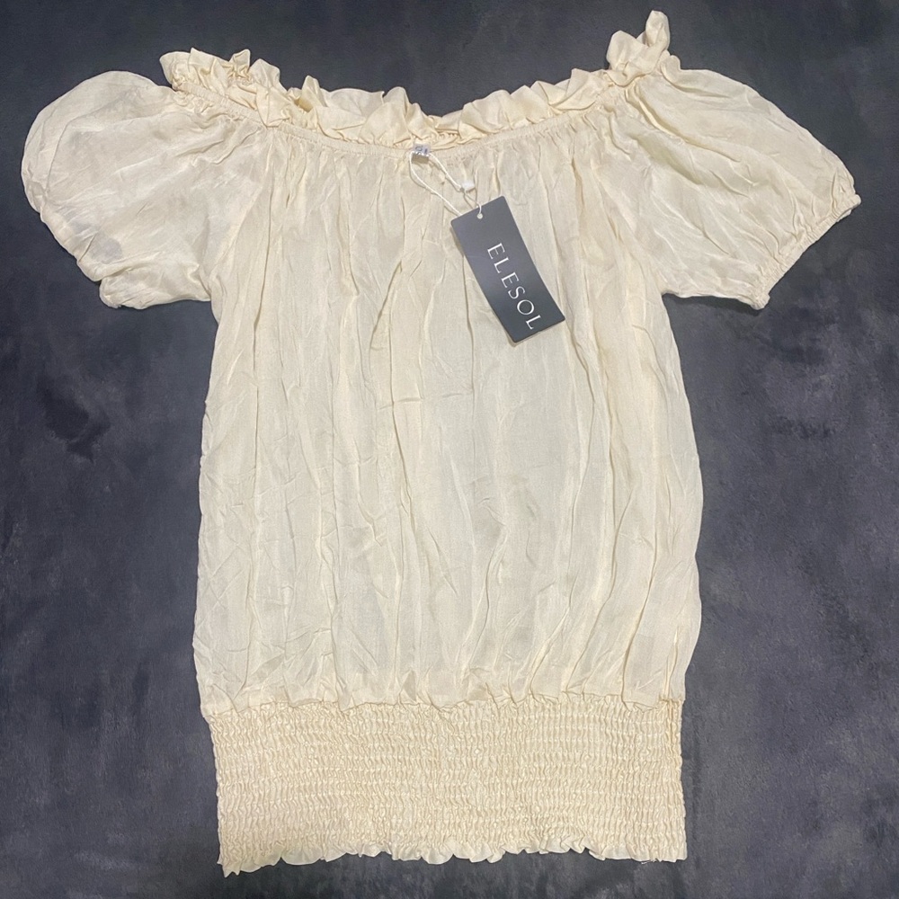 ELESOL Women’s Short Sleeve Boat Neck Off-Shoulder Sheer Top Blouse Cream Large